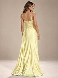 Mermaid Satin Prom Dress with Floral Appliqué Corset and High Slit