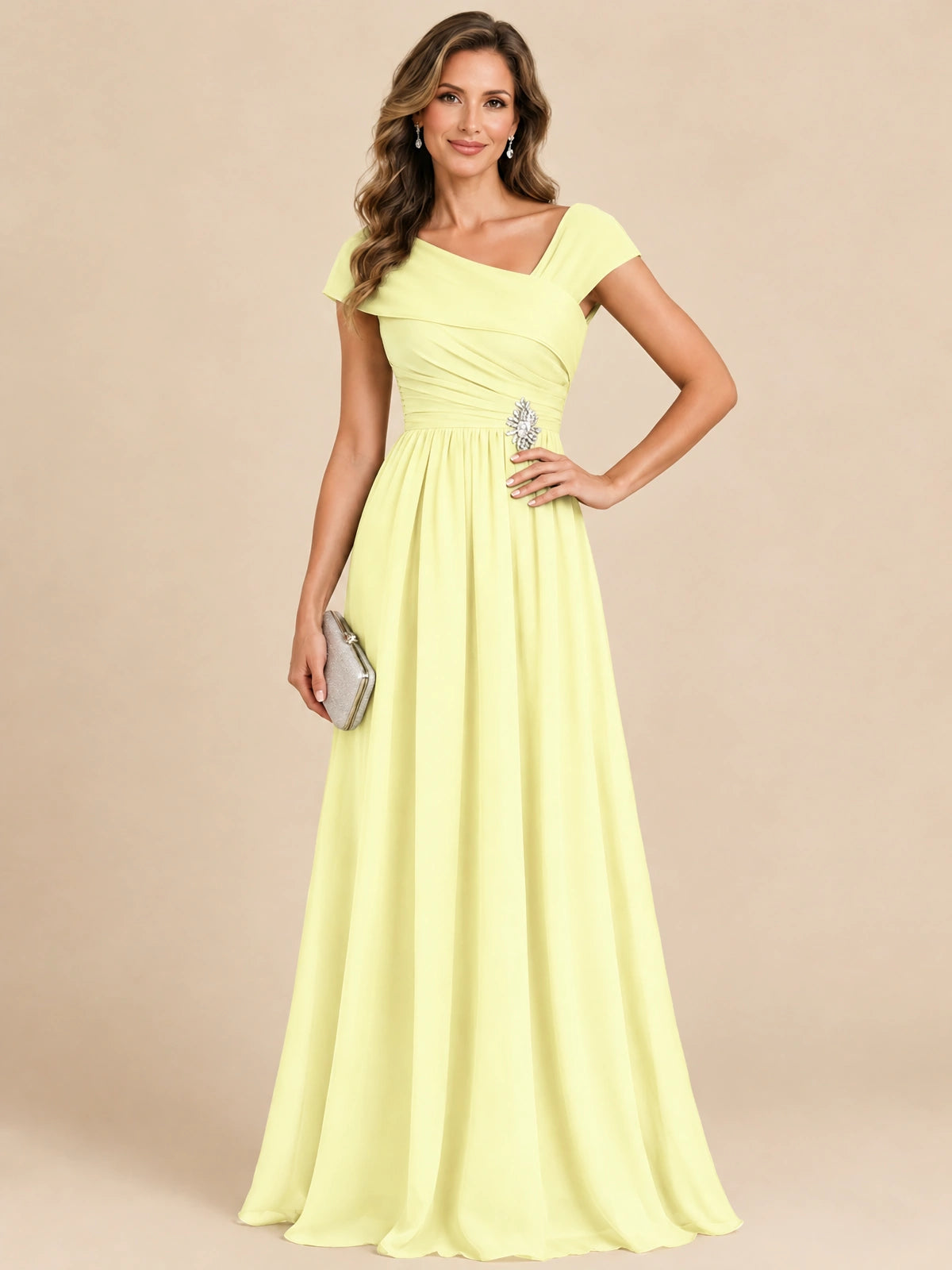 Cap Sleeve Mother of The Bride Dresses Long Chiffon Formal Gowns