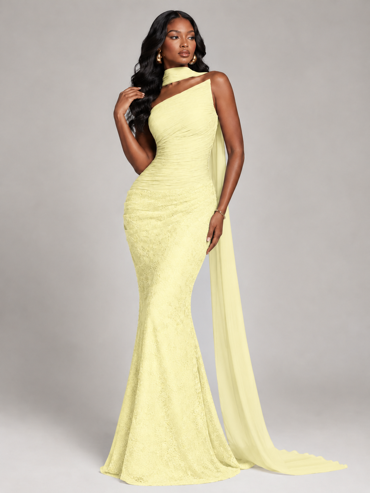 Pleated Chiffon Lace Prom Dresses Long Bodycon Mermaid with Scarf