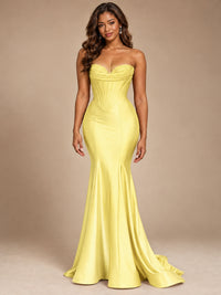 Red Strapless Satin Mermaid Prom Dress with Corset Bodice