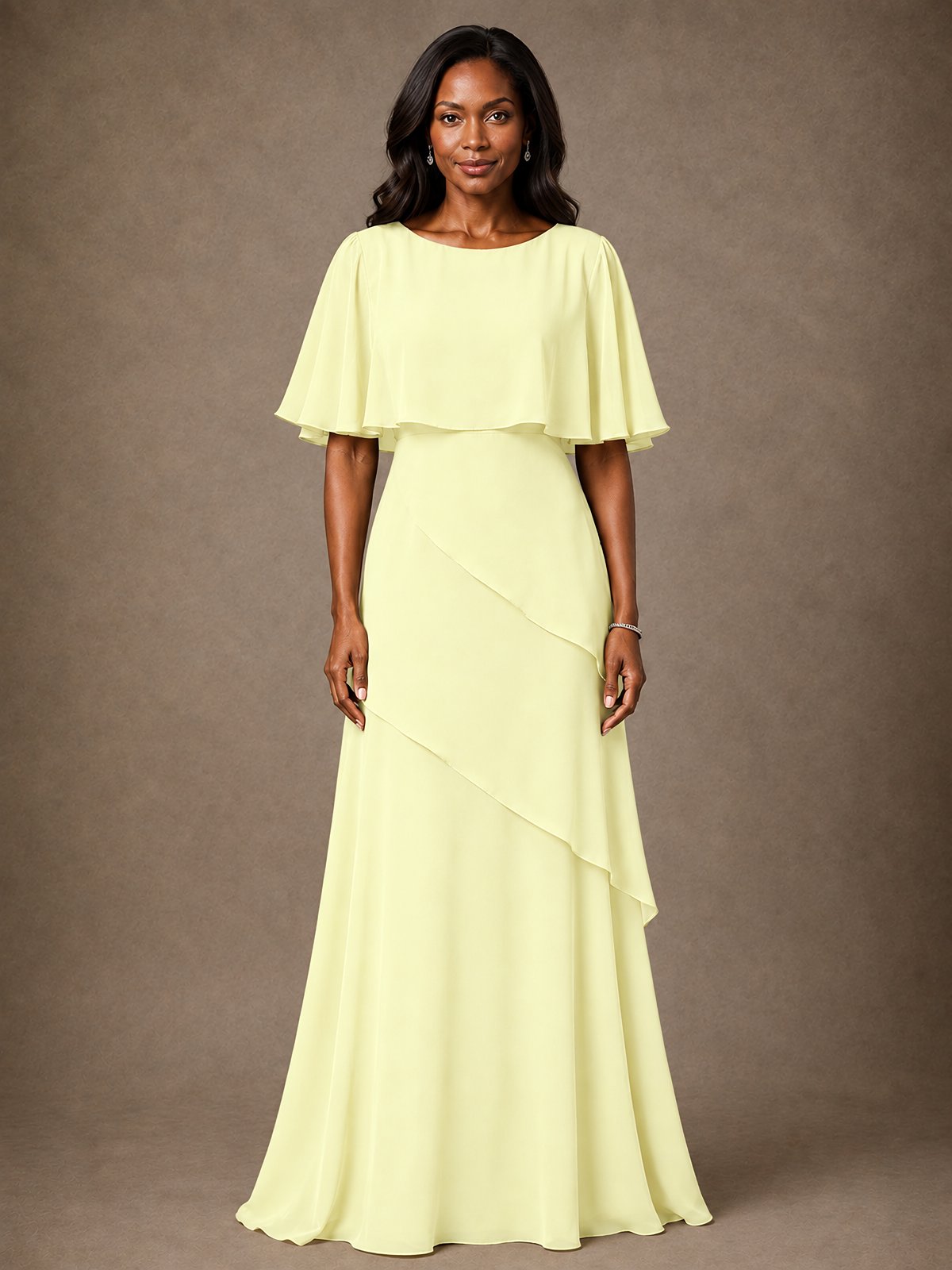 Taupe Chiffon A-Line Mother of the Bride Dress with Cape Sleeves
