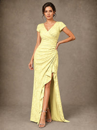V-Neck Floral Jacquard Mother of the Bride Dress with Slit