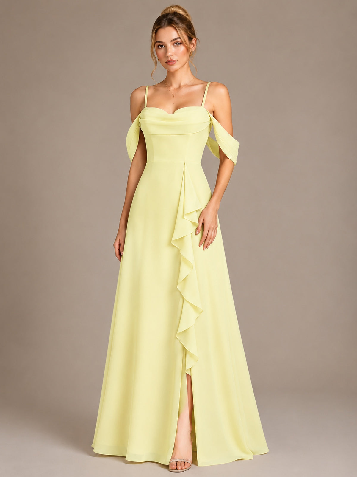 Spaghetti Strap Chiffon Bridesmaid Dress with Ruffles Slit