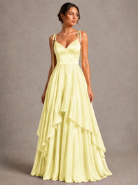 Lavender Satin V-Neck Ruffle Maxi Dress