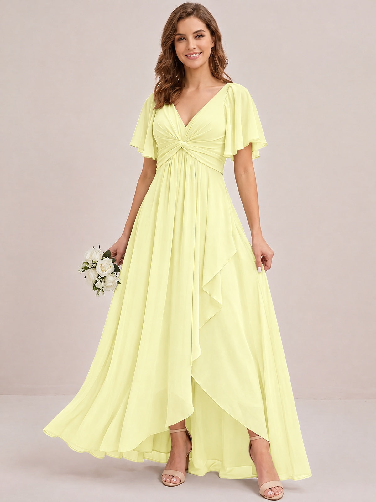 Dusty Blue Chiffon Bridesmaid Dress with Flutter Sleeves & High-Low Hem