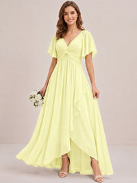 Dusty Blue Chiffon Bridesmaid Dress with Flutter Sleeves & High-Low Hem
