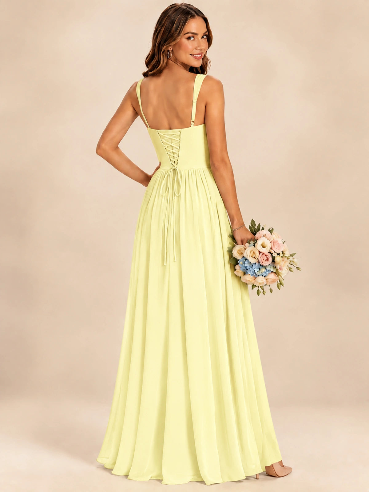 Spaghetti Straps Pleated Chiffon Bridesmaid Dress with Ruffle Slit