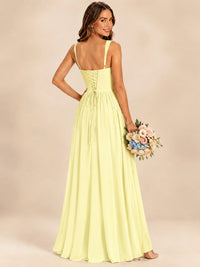 Spaghetti Straps Pleated Chiffon Bridesmaid Dress with Ruffle Slit