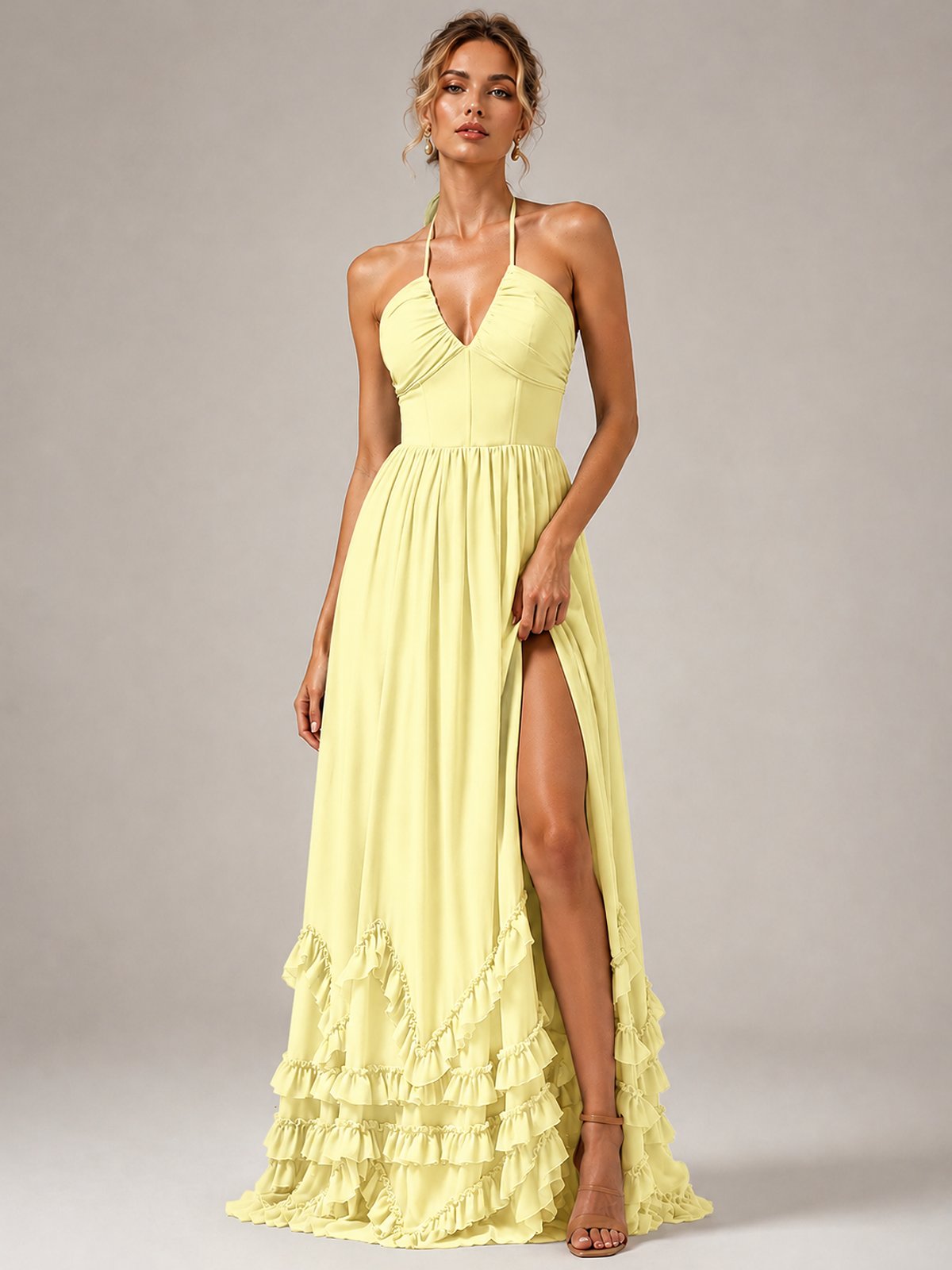Halter V Neck Chiffon Formal Dress with Lace-Up Back and Ruffle Hem