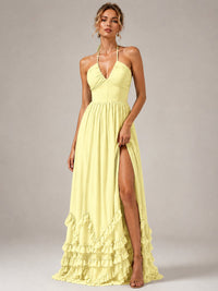 Halter V Neck Chiffon Formal Dress with Lace-Up Back and Ruffle Hem