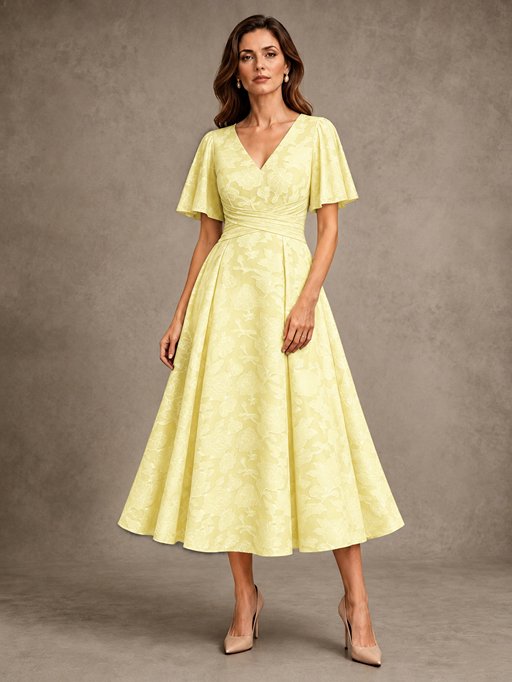 V-Neck Floral Jacquard Tea-Length Mother of the Bride Dress