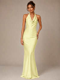 Olive Green Halter Satin Mermaid Maxi Dress