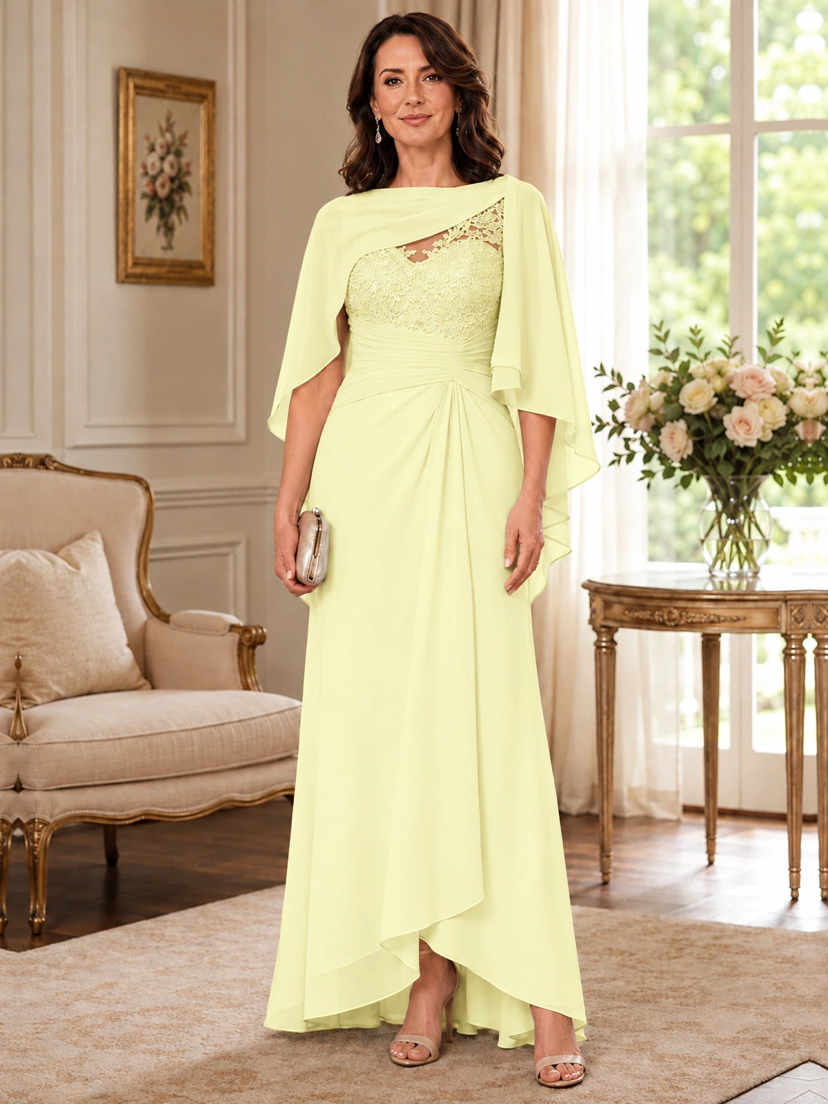 Elegant Chiffon Mother of the Bride Dress with Lace Applique and Cape Sleeves