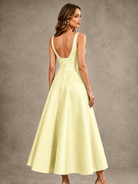 Tea-Length Satin Mother of the Bride Dress with 3D Flower Detail