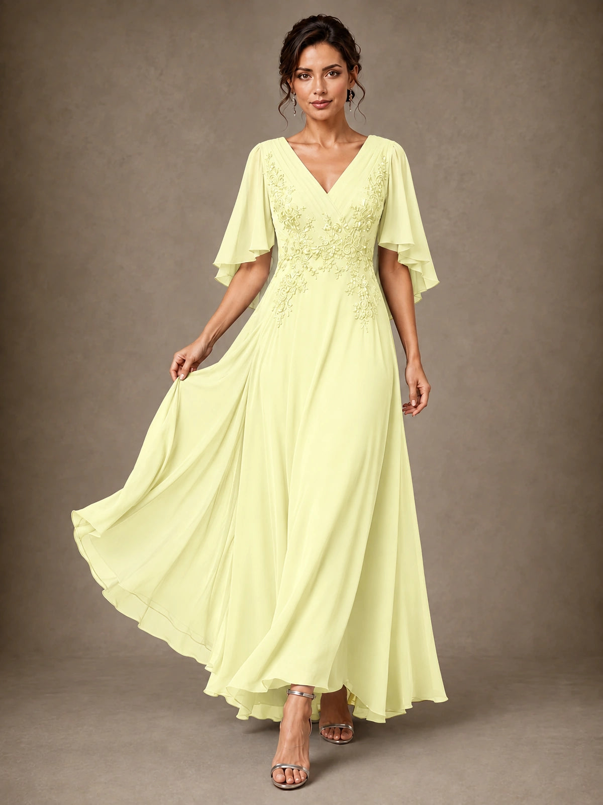 V-Neck Chiffon Lace Mother of the Bride Dress with Flutter Sleeves