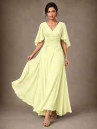 V-Neck Chiffon Lace Mother of the Bride Dress with Flutter Sleeves