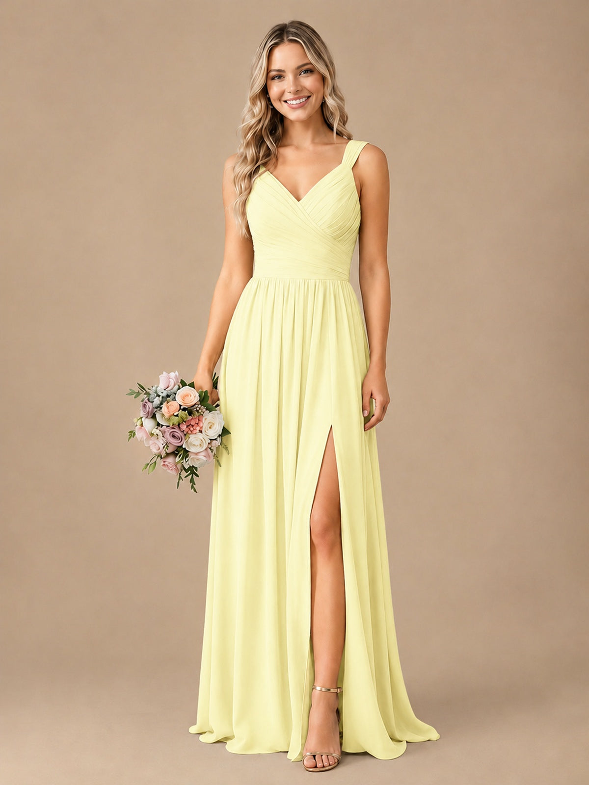 Pleated Chiffon V Neck Wedding Bridesmaid Dresses Floor Length with Slit