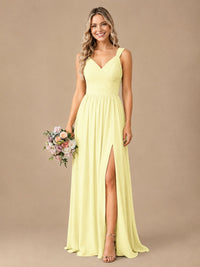 Pleated Chiffon V Neck Wedding Bridesmaid Dresses Floor Length with Slit