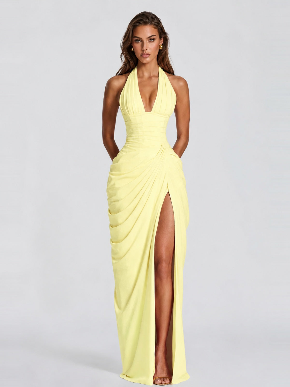 Ruched Halter Neck High-Slit Prom & Evening Dress