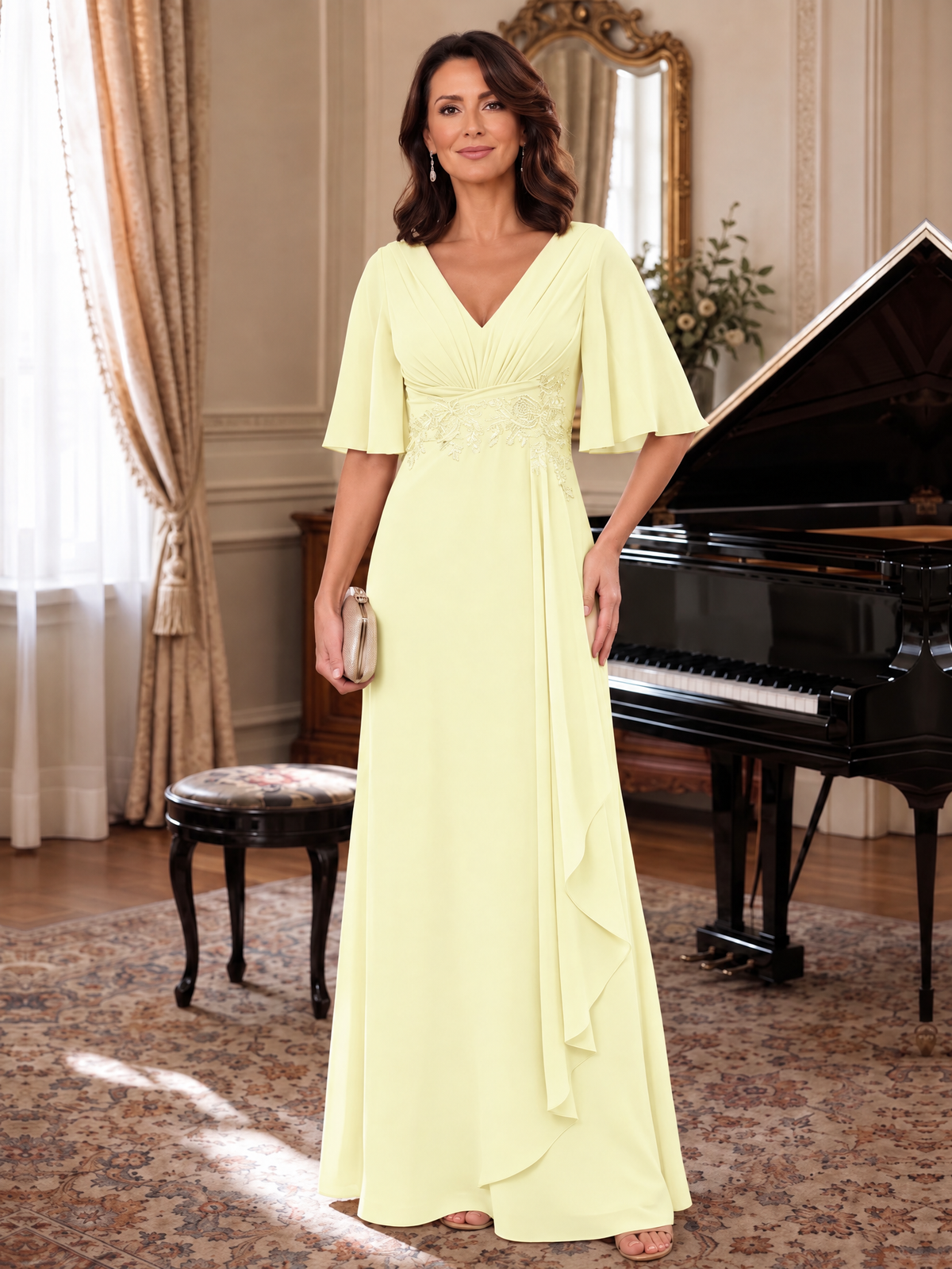 Light Yellow V-Neck Chiffon Lace Mother of the Bride Dresses with Flutter Sleeve A-line Long Ruffled Evening Formal Wedding Guest Gown