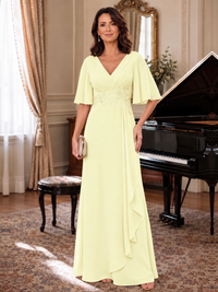 Light Yellow V-Neck Chiffon Lace Mother of the Bride Dresses with Flutter Sleeve A-line Long Ruffled Evening Formal Wedding Guest Gown
