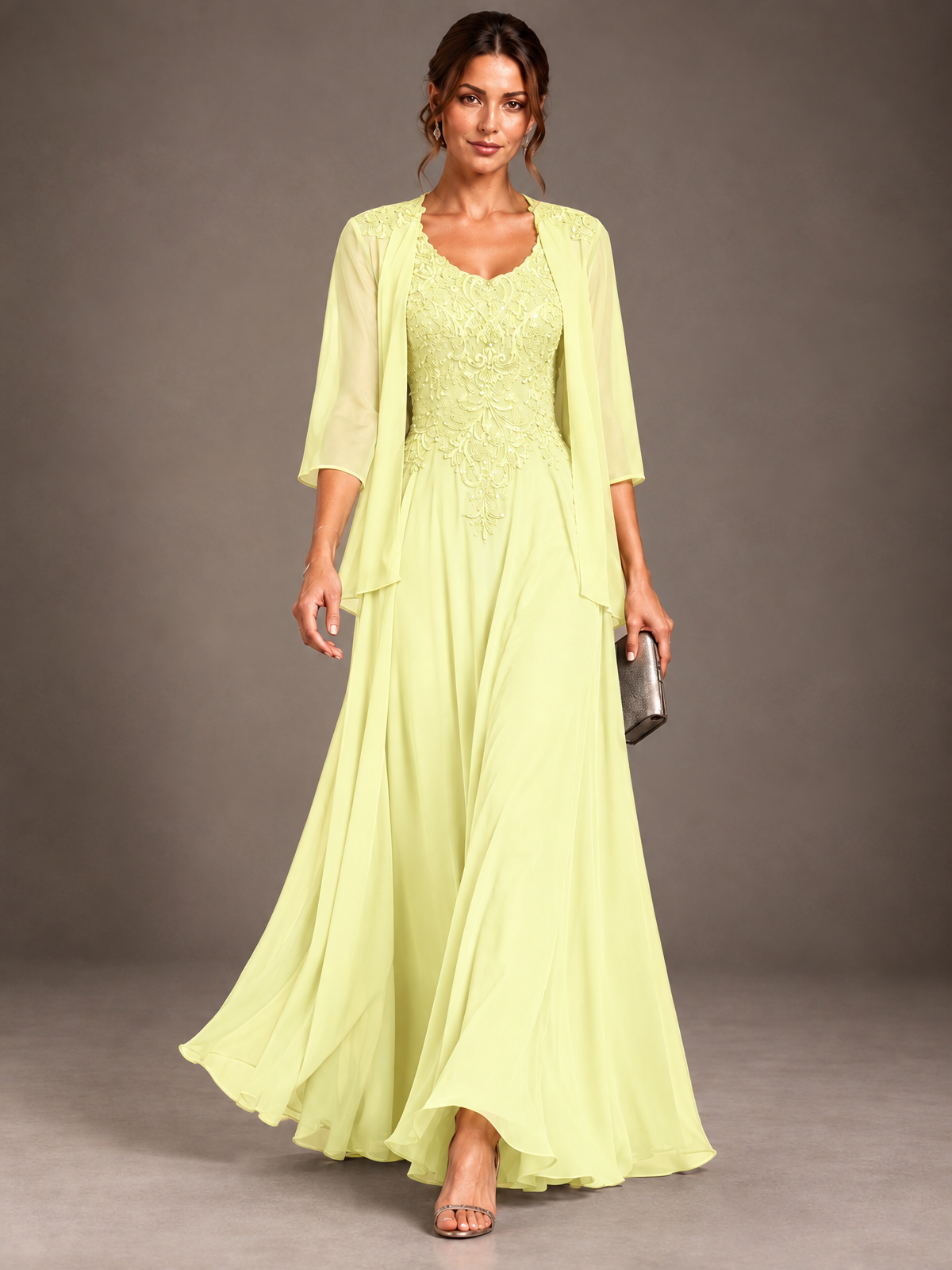 A-line 2 Pieces Chiffon Appliques Mother of The Bride Dresses with Jackets