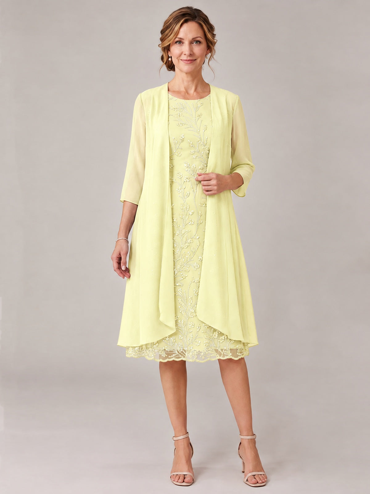 Light Yellow-2 Piece Lace Appliques Chiffon Mother of The Bride Dress with Sequin