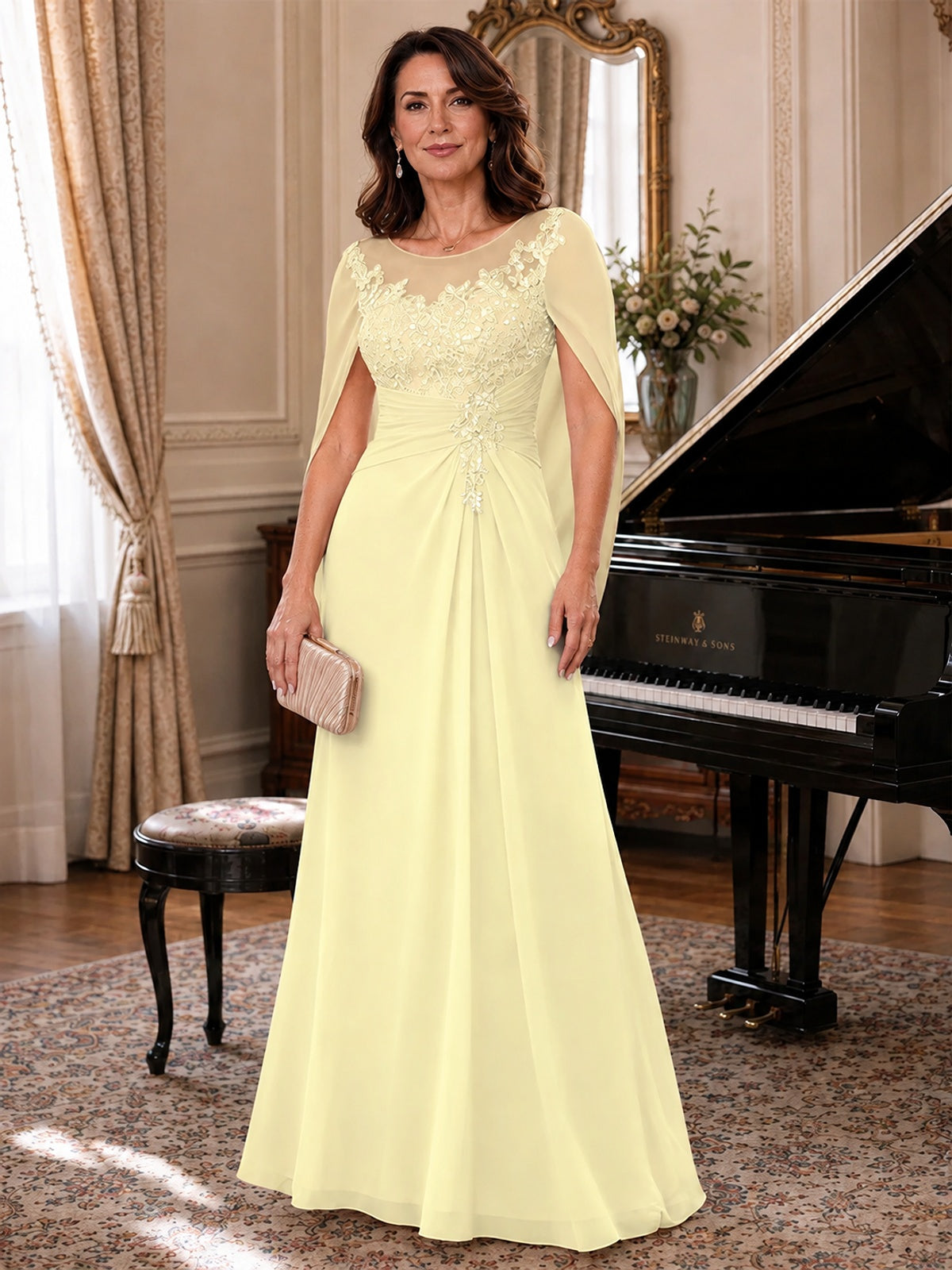 Elegant Applique Chiffon Mother of the Bride Dress with Cape Sleeves
