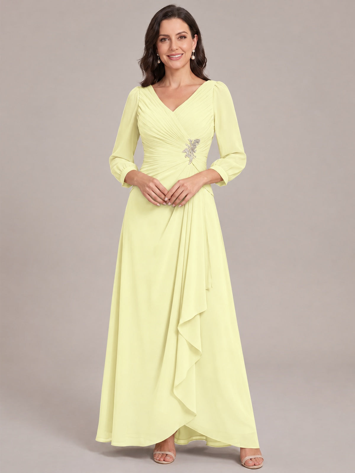 Light Yellow-Long Sleeve Chiffon Beaded Mother of The Bride Dresses for Women