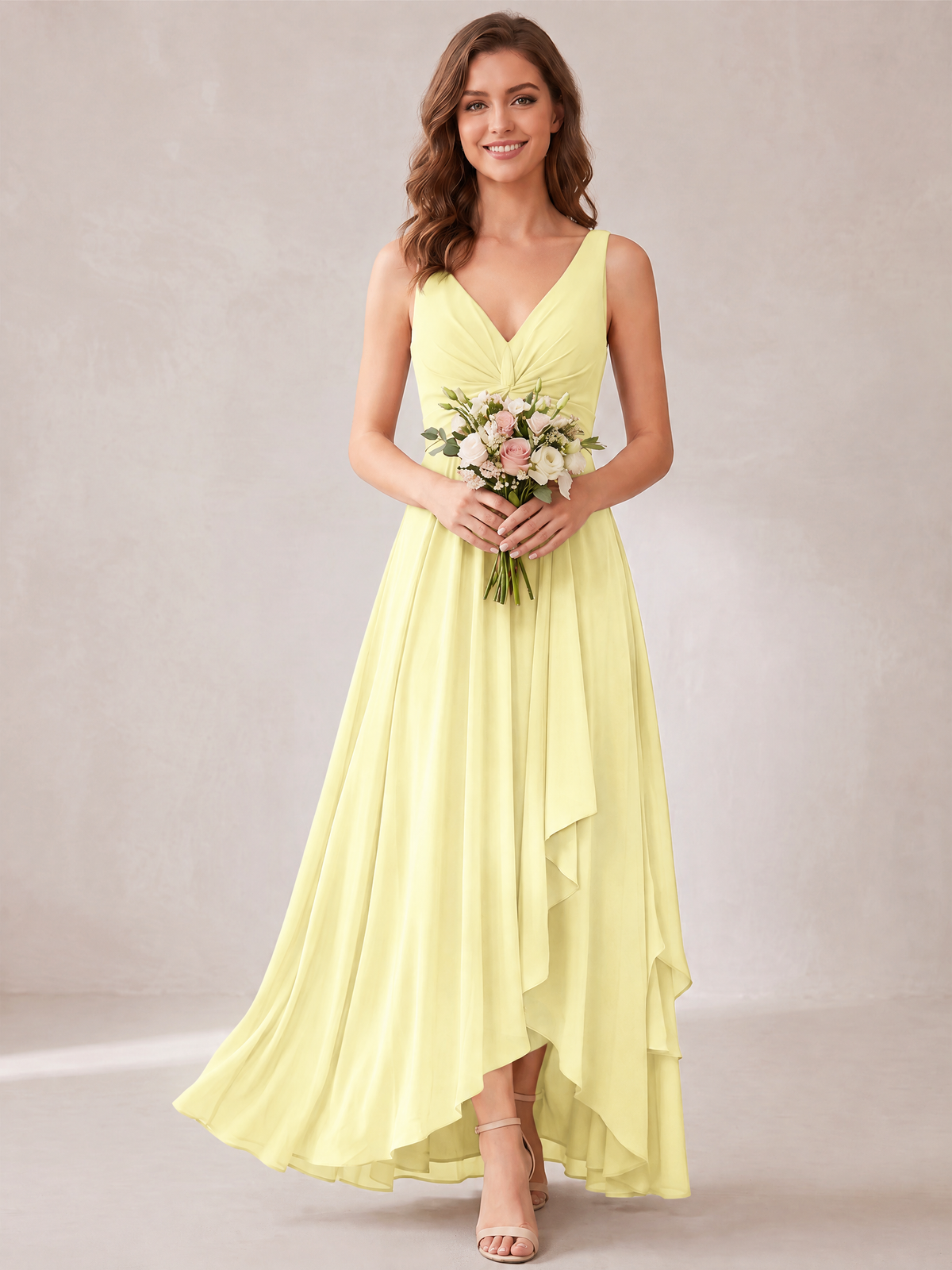 V-Neck High-Low Chiffon Bridesmaid Dress with Ruffles