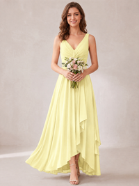 V-Neck High-Low Chiffon Bridesmaid Dress with Ruffles