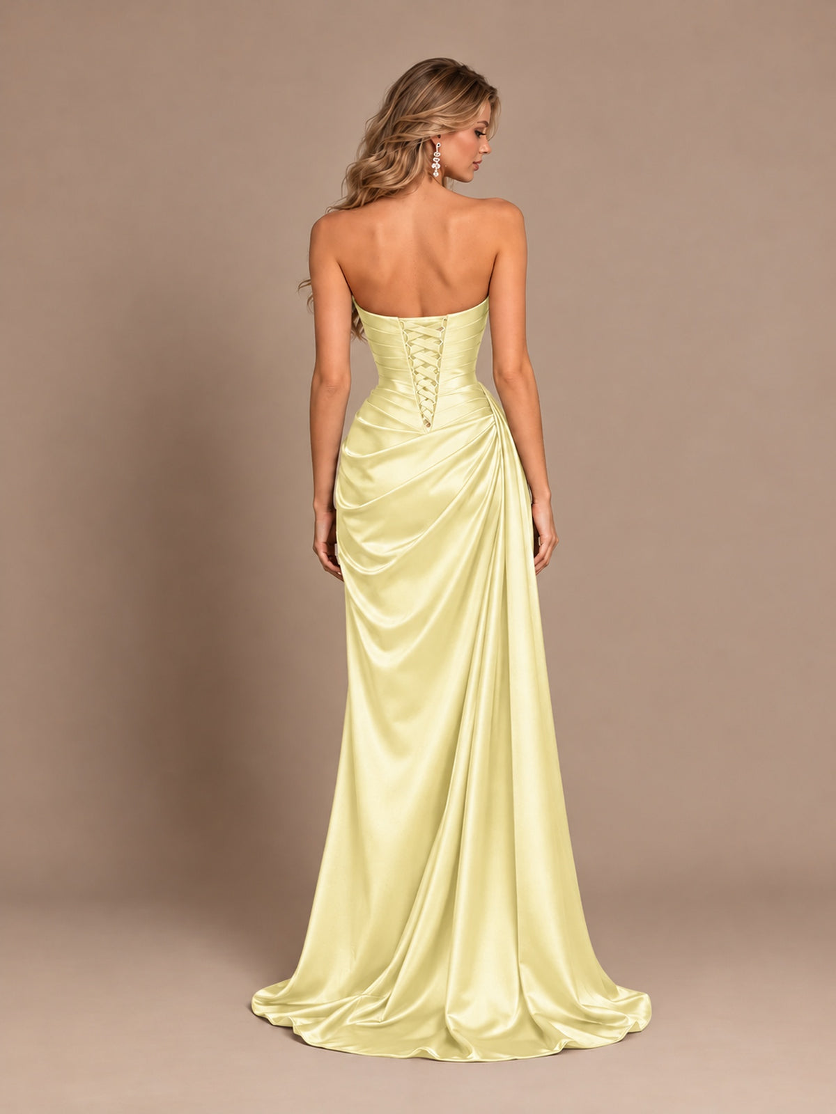 Dusty Blue Strapless Satin Prom Dress with Ruched Bodice and Slit
