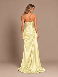 Dusty Blue Strapless Satin Prom Dress with Ruched Bodice and Slit