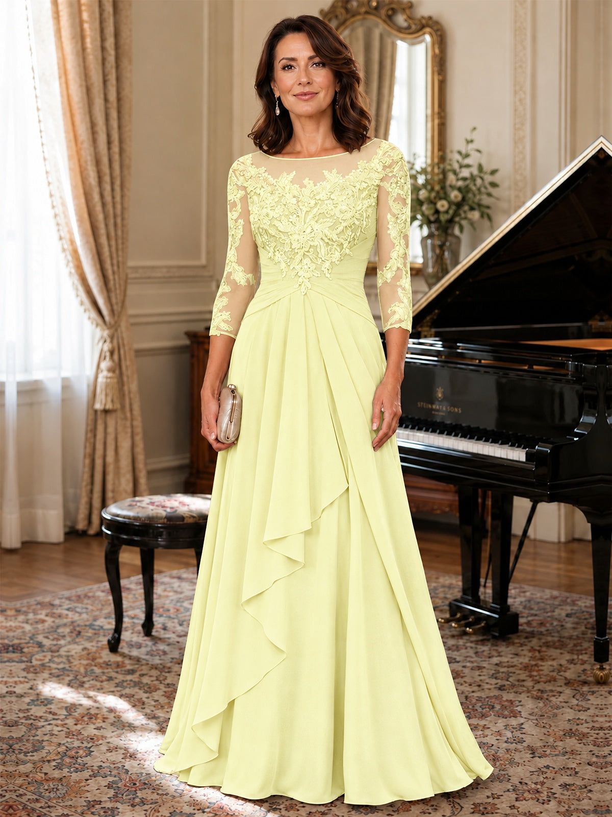 A-Line Chiffon Mother of the Bride Dress with Floral Applique 3/4 Sleeves