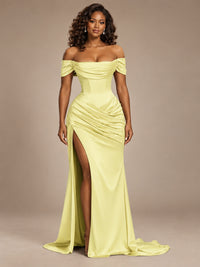 Burgundy Off-the-Shoulder Satin Corset Prom Dress with Slit
