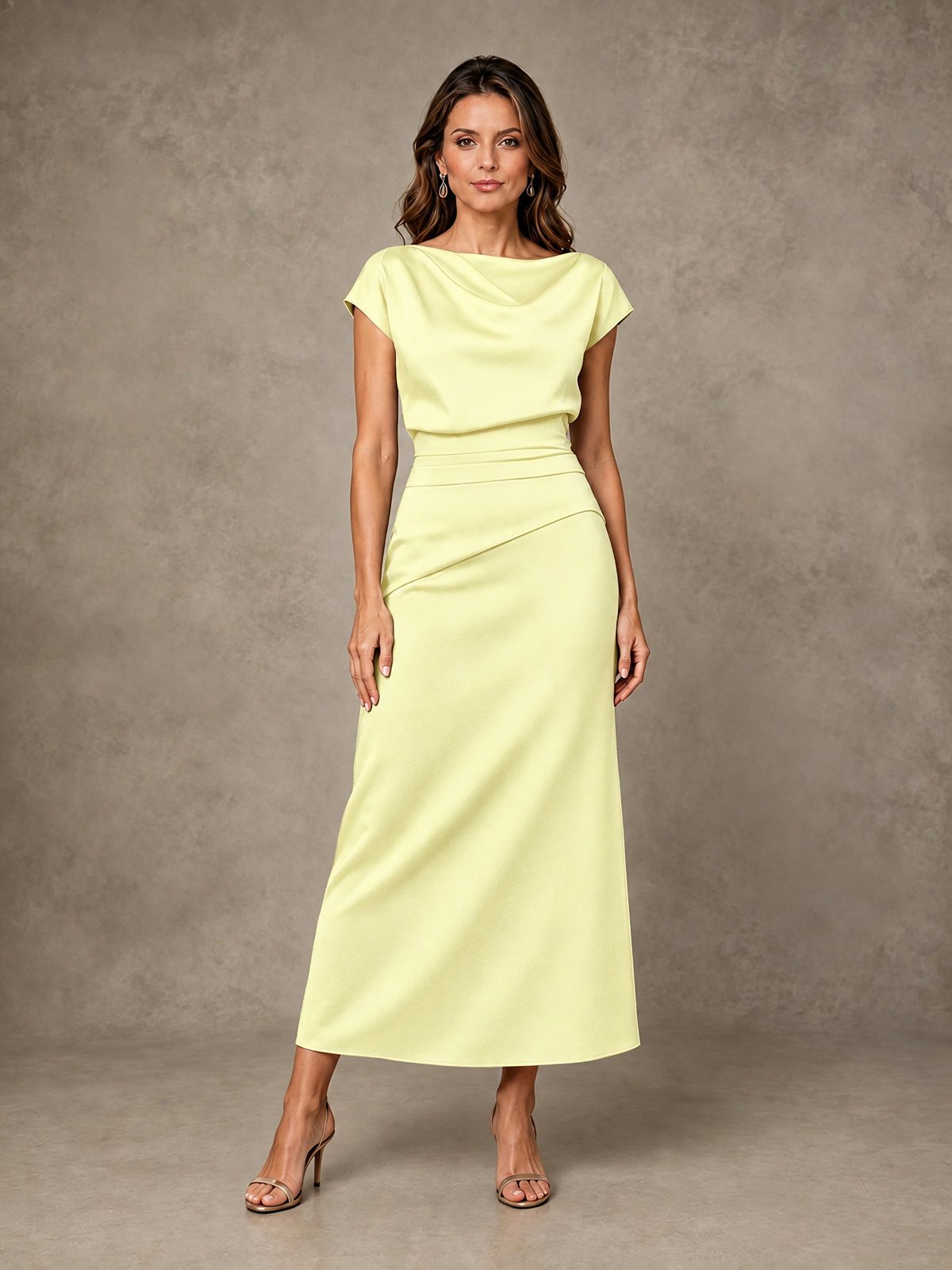 Cowl Neck Satin Mother of the Bride Dress with Ruched Waist