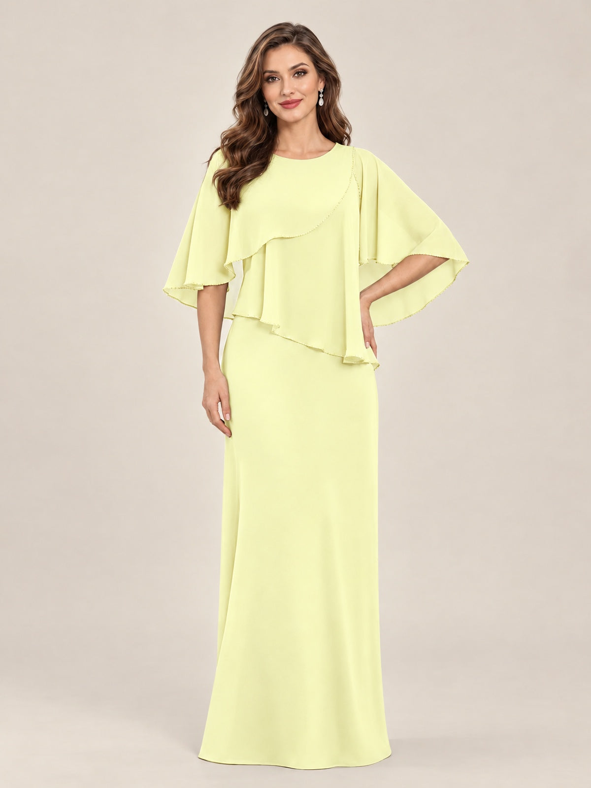 Light Yellow-Chiffon 2 Piece A Line Mother of The Bride Dresses with Cape