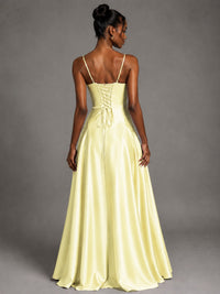 Lavender V Neck Satin Prom Dress with Spaghetti Straps