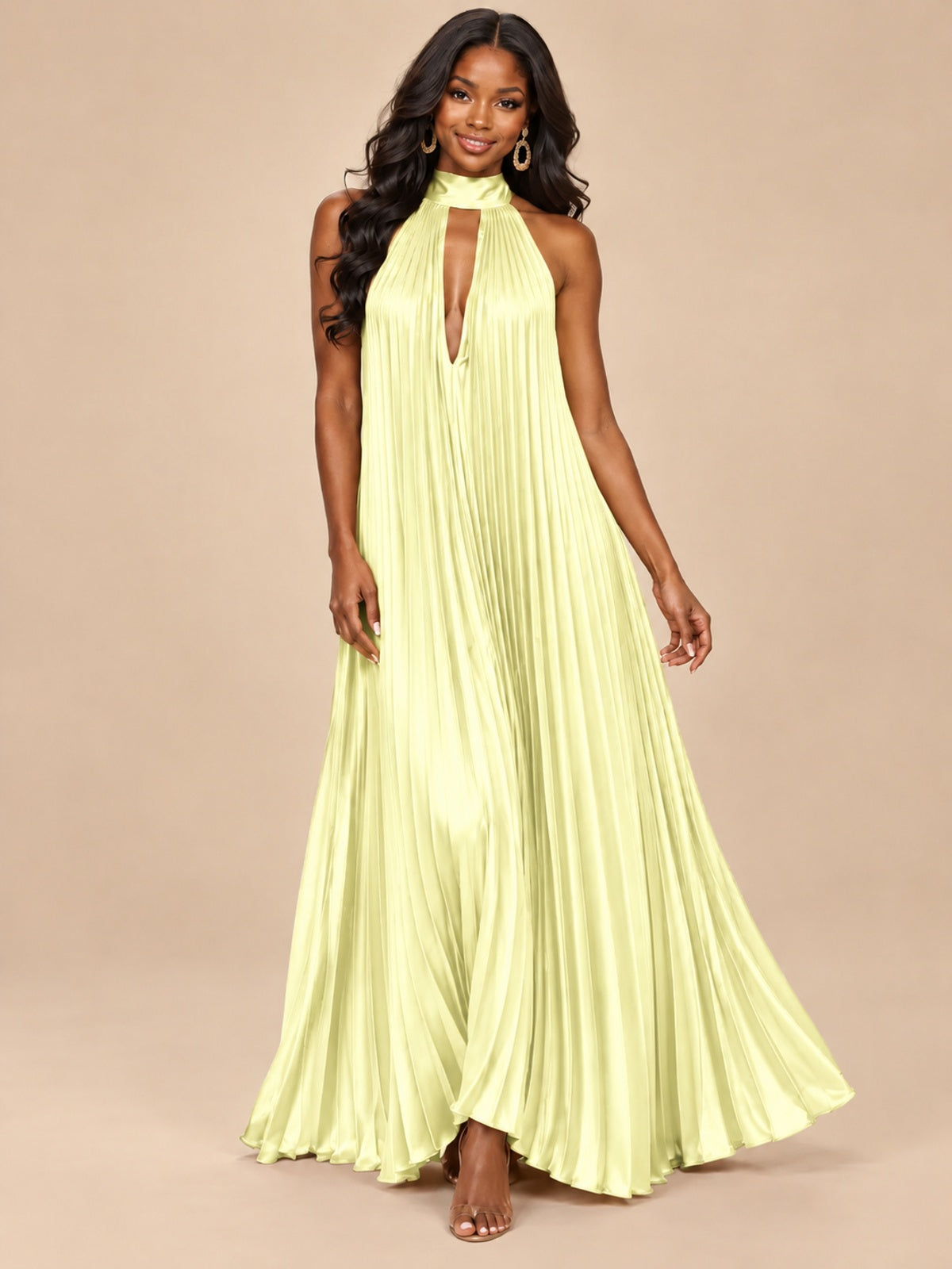 Rust Orange Pleated Halter Neck Maxi Dress