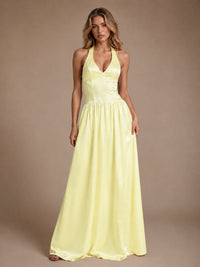 Pink V Neck Halter Satin Maxi Dress