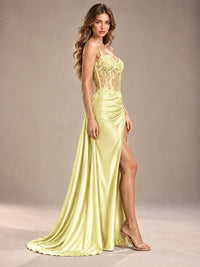 Mermaid Satin Prom Dress with Floral Appliqué Corset and High Slit