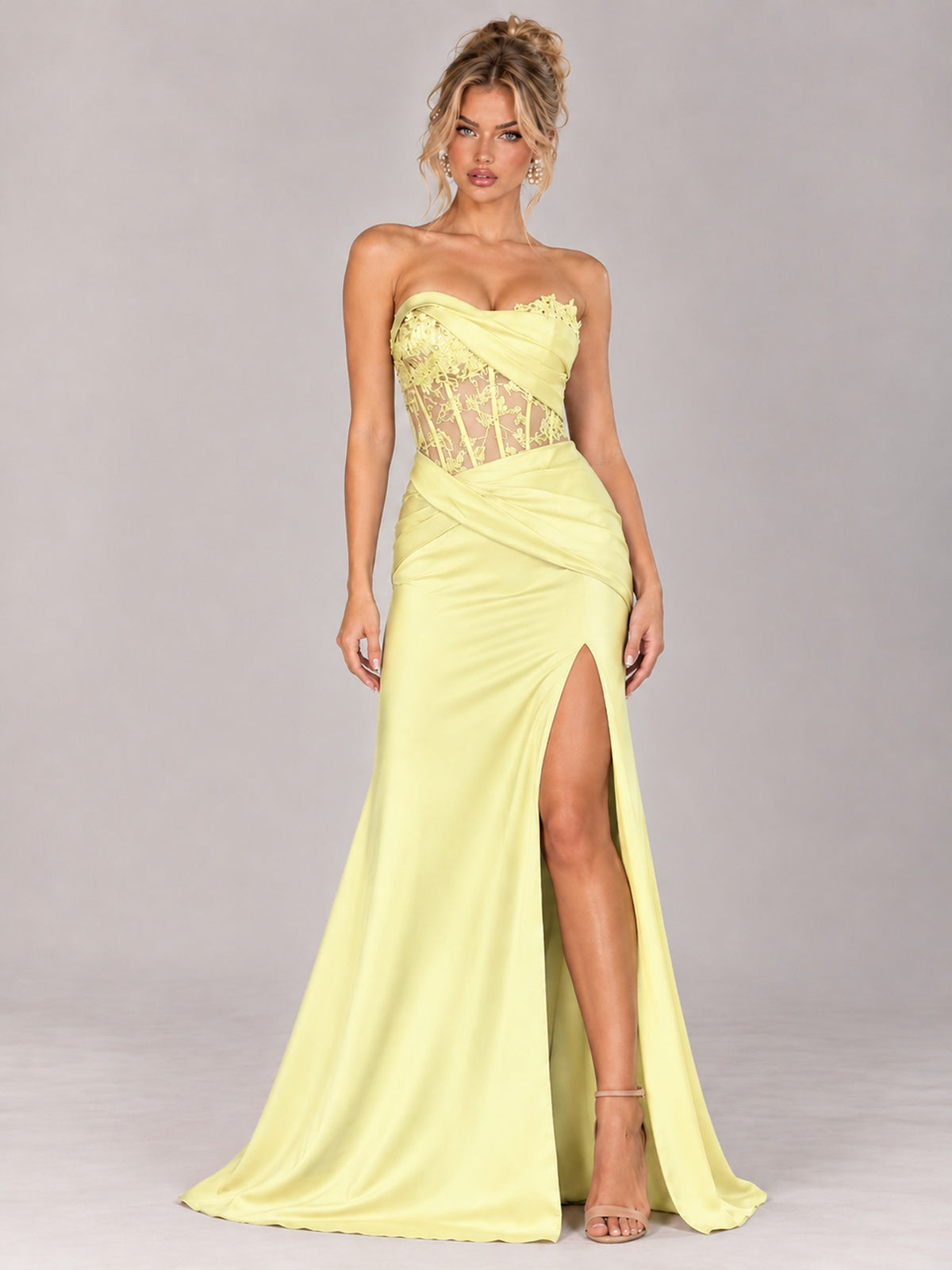 Strapless Satin Prom Dress with Sheer Lace Corset & High Slit