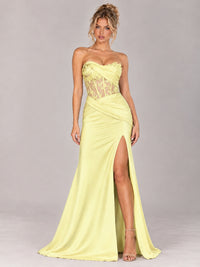 Strapless Satin Prom Dress with Sheer Lace Corset & High Slit
