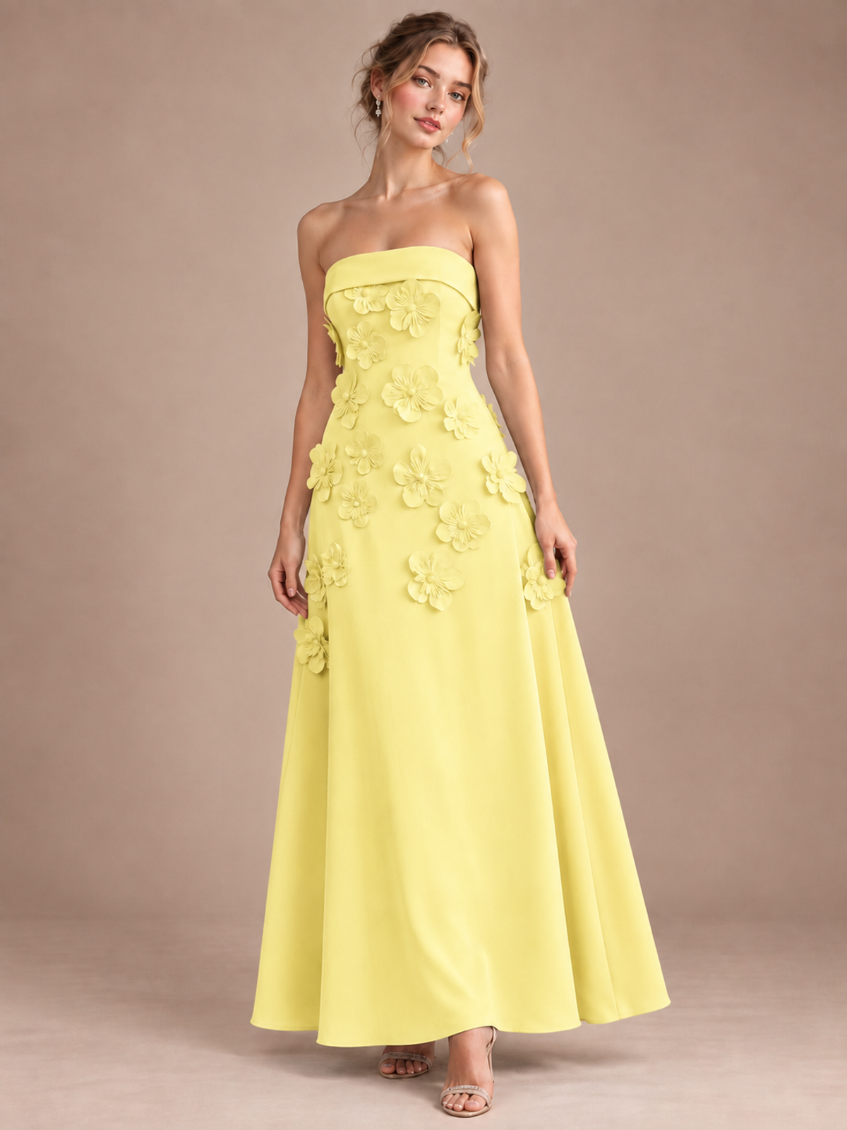 Yellow Strapless 3D Floral Appliques Maxi Dress