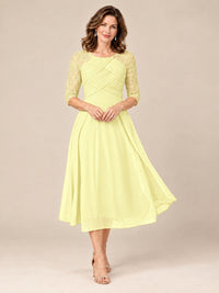 Light Yellow-Lace Applique Pleated Tea Length Mother of The Bride Dresses