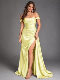 Off Shoulder Satin Maxi Dress with Slit