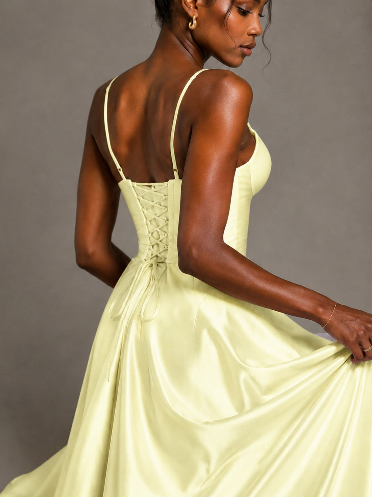 Lavender V Neck Satin Prom Dress with Spaghetti Straps