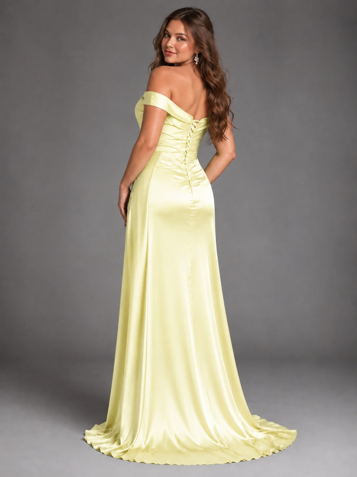 Off Shoulder Satin Maxi Dress with Slit