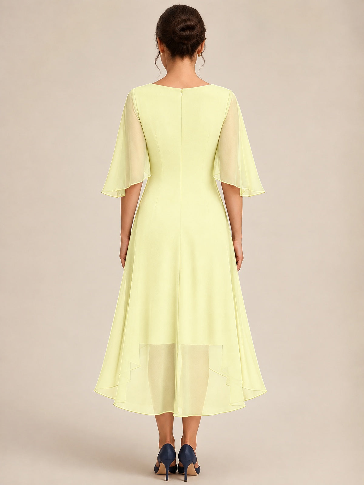 Cowl Neck Ruched Chiffon Mother of the Bride Dresses with Flutter Sleeves