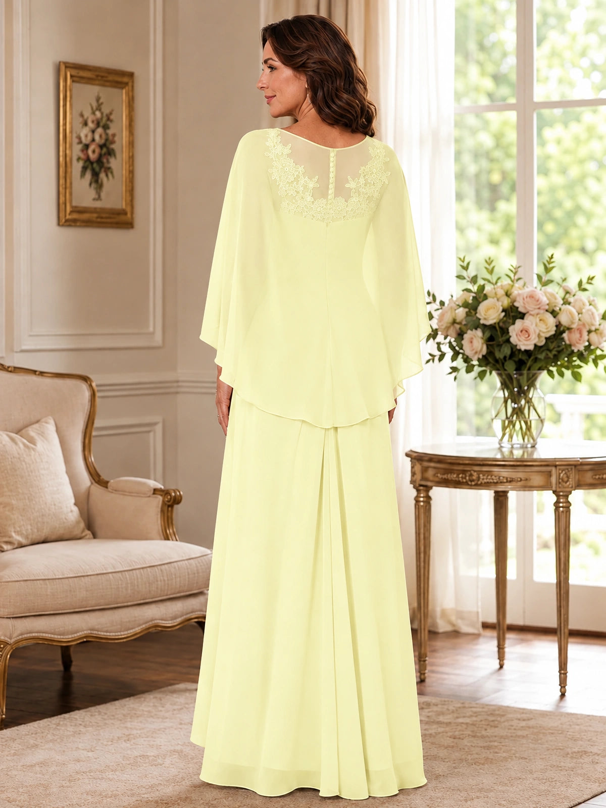 Elegant Chiffon Mother of the Bride Dress with Lace Applique and Cape Sleeves